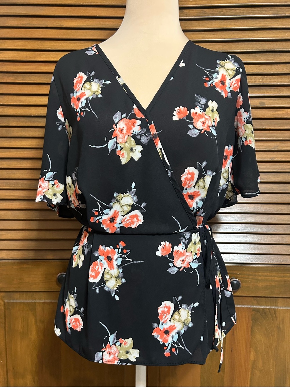 Sienna Sky Black Floral Faux Wrap Blouse with Tie Size S